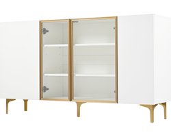 Dressoir Opbergkast, zijkast vitrine met 2 glazen deuren en 2 houten deuren modern minimalistisch ontwerp zonder handgrepen 150 x 38 x 85 cm wit