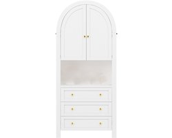 Dressoir Opbergkast Zijmeubel Vrijstaand met hoge gebogen opbergruimte met 3 lades een open opbergvlak en 2 deuren 70 x 35 x 180 cm wit