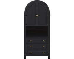 Dressoir Opbergkast Zijmeubel Vrijstaand met hoge gebogen opbergruimte met 3 lades een open opbergvlak en 2 deuren 70 x 35 x 180 cm Zwart