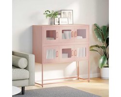 Dressoir, roze, 100,5 x 39 x 107 cm, koudgewalst staal, met opbergruimte en metalen poten, stabiel meubelstuk voor keuken, badkamer, woonkamer