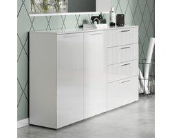 Dressoir Shiny 186cm met 2 deuren & 4 lades - hoogglans wit - Germania - Woonkamerkasten - Wit; Hoogglans wit - Melamine; Spaanplaat - Woonkamerkasten -