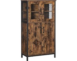 Dressoir - Sidetable - Opbergkast - Ladekast - Dressoir industrieel - Met glazen deuren - 60 x 30 x 108 cm - Bruin - Zwart