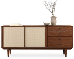 Dressoir SIMONA met rotanvlechtwerk 175cm, kastanje look - 4 laden en 2 schuifdeuren, hal ladekast met legplank, woonkamer