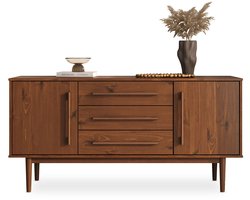 Dressoir TECCA met 2 deuren & 3 laden, kastanjekleur - massief houten dressoir met opbergruimte, laden met metalen uittrekblad, inclusief wandmontage, woonkamer hal ladekast - frontaal