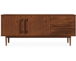 Dressoir TECCA met 2 deuren en 3 laden, kastanjekleur - ladekast van massief hout, verstelbare plank, woonkamermeubels in mid-century sfeer