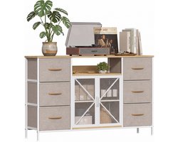 Dressoir / TV-Meubel voor Woonkamer, Slaapkamer & Hal – Ladekast / Opbergkast – Met 6 Stoffen Lades & Ademende Gaasdeuren – Ruimtebesparend, Stabiel & Veelzijdig - Metaal & MDF (Wit/Khaki)- 120x30x75 cm