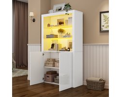 Dressoir van 100 x 35 x 170 cm - hoogglans opbergkast - LED-lichtvitrine - displayvloer van gehard glas - verticale hoge kast in de woonkamer