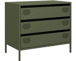 Dressoir van koudgewalst staal in olijfgroen, 68 x 39 x 58,5 cm, met veel opbergruimte en stabiele metalen poten voor woonkamer, slaapkamer of hal.