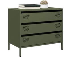 Dressoir van koudgewalst staal, olijfgroen, klassiek dressoir met laden, stabiele opbergkast voor thuis en op kantoor, 68 x 39 x 58,5 cm