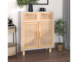 Dressoir van massief grenenhout en natuurlijk rotan, wit, dressoir van hout, met laden en opslag, voor het organiseren van je huis, 60 x 30 x 75 cm