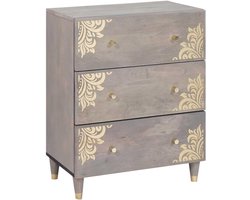 Dressoir van massief mangohout 60 x 33 x 75 cm grijs met gouden accenten, gangcommode met 3 laden en plank, moderne kast
