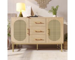 Dressoir van rotan met 3 lades en 2 rotan deuren, dressoir, kaptafel, voor slaap- en woonkamer, verstelbare planken, anti-kantelmechanisme, 120 x 40 x 74 cm, Sonoma eikenhout