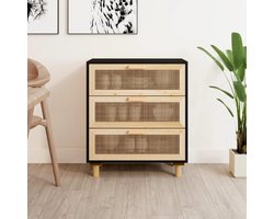 Dressoir van zwart grenenhout en natuurlijk rotan, dressoir van hout, met laden, opbergmeubel om te organiseren, 60 x 30 x 70 cm