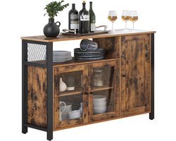 Dressoir Vintage – Industriële Keukenkast 110 cm met 3 Deuren en Open Vakken – Opbergkast voor Woonkamer, Keuken of Eetkamer – Bruin Zwart – Met Verstelbare Planken, Stabiel Metaal Frame
