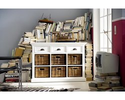 Dressoir wit - landelijk dressoir wit - 125x50x85 hoog - 3 laden en 6 rieten mandjes - Gemonteerd - Nova Solo - B128