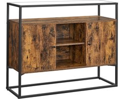 Dressoir - Zijkast - Keukenkast met glazen oppervlak en open vakken - Woonkamer- Hal - Stabiel stalen frame - Gehard glas- Industrieel ontwerp - Vintage bruin-zwart
