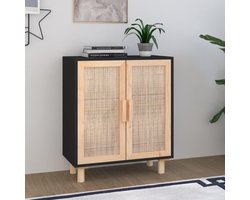 Dressoir, zwart, 60 x 30 x 70 cm, massief grenenhout en natuurlijk rotan