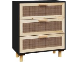 Dressoir zwart 60x30x70cm van massief grenen en natuurlijk rotan met 3 laden, commode met stabiele bovenplaat en poten van massief grenenhout