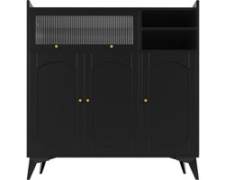 Dressoir zwart grote opbergruimte, met glazen deur en gouden handgreep, multifunctioneel meubel, geschikt voor eetkamer of woonkamer