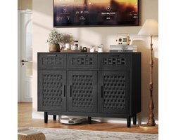 Dressoir Zwart met Gevlochten Deuren – 3 Lades & 3 Deuren – 108x40x80 cm – Opbergkast voor Woonkamer & Hal
