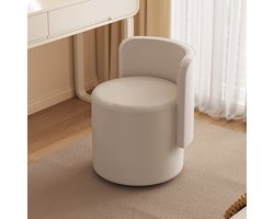 Dressoirstoel – Draaikruk – Make-up Stoel – Bureaustoel – Fauteuil – 360° Draaibaar – Zacht Kussen – Compact Rond Design – Beige Grijs – Met Rugleuning en Voetensteun