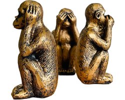 Drie Apen Beeldjes - Wijsheid Symbolen - Decoratief Gebruik - Antiek Bronzen Afwerking - 3 Stuks - Brons
