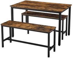 Drie-delige eettafelset, tafel 110 x 70 x 75 cm met 2 banken 97 x 30 x 50 cm, modern minimalistisch design, stevig metalen frame, bruin + zwart, geschikt voor keuken, eetkamer of woonkamer
