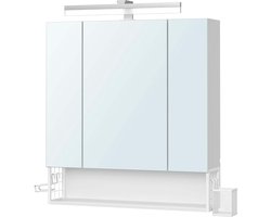Drie-deurs badkamerkast wandmontage met spiegelkast 16,5x70x75 cm, inclusief LED-lichtband, spiegel, stopcontact, hangmand en föhnhouder, voldoende opbergruimte, stevig houten frame, gemakkelijk in gebruik, geschikt voor badkamer