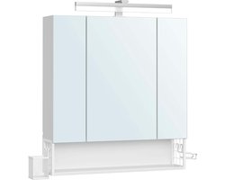 Drie-deurs badkamerkast wandmontage met spiegelkast, inclusief LED-lichtband, spiegel, stopcontact, hangmand en föhnhouder, voldoende opbergruimte, stevig houten frame, geschikt voor badkamer 16,5x70x75 cm wit