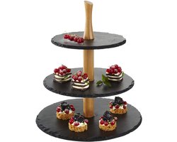 Drie Etages Etagère - Serveertoren - Taart Presenteren - Leisteen en Hout - 34 cm Hoog - Natuurlijk