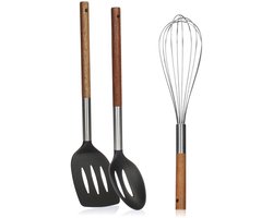 Drie-in-één Keukenhulpset met Houten Handvat voor Efficiënt Koken