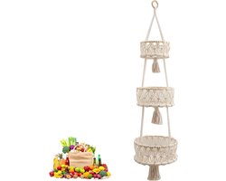 Drie Laags Hangende Fruitmand van Katoen, Boho Stijl, Handgeweven, Ideaal voor Keuken, Woonkamer en Terras, Decoratieve Opbergoplossing voor Fruit en Groenten
