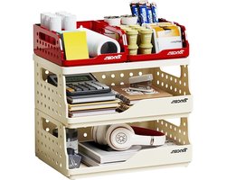 Drie-laags papieren opbergtray, bureau-organizer, opvouwbare opslagdoos voor kantoorbenodigdheden, cosmetica en snacks, met gaasontwerp in rood en wit