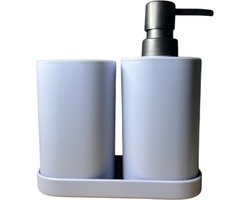 Driedelige badkamerset - zeeppompje - schaaltje - beker - lichtblauw