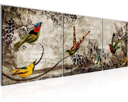 Driedelige Canvas Schilderij Vintage Vogels Beige Bruin Abstract Woonkamer Decoratie