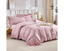 Driedelige Microvezel Beddengoedset voor Tweepersoonsbed 240 x 220 cm met Romantisch Volant Motief - Roze Complete Set met Dekbedovertrek en Kussenslopen