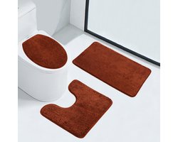Driedelige set waterabsorberende antislipmatten - badkamertoilet toilettapijten - toiletbrilmatten - effen kleur eenvoudige huishoudelijke harige vloermatten,bruin