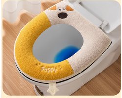 Driedelige toiletbrilhoezenset, zacht en wasbaar, puppymotief, universeel design, met rits, verdikt fleece - gele puppy.