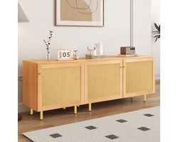 Driedeurs bestekkast van rotan - Opbergruimte voor bestek en servies - Rustieke uitstraling - Geschikt voor eetkamer - Natuurhoutlook - Afmetingen H63xB180xD40 cm