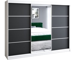 Driedeurskast - Kledingkast met laden - Kledingkast met spiegel - Breedte 200 cm - Ruime kledingkast - Wit - Zwart
