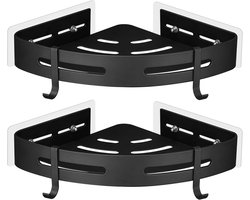 Driehoekige houder - Geen boren nodig - 2 stuks - Metalen hoekdouchehouder - Geschikt voor keuken, woonkamer, toilet, badkamermuur - Met 4 douchehaken - Roestvrije zelfklevende houder voor badkamerbenodigdheden - Opbergrek-27*20*3.5cm