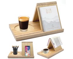 Driehoekige houten boekensteun voor een stijlvolle boekpresentatie