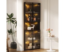 Driehoekige Vitrinekast 62x32x160cm - Zwarte Hoekkast - LED-verlichting - Open Middenvak - Glazen Front - Displaykast