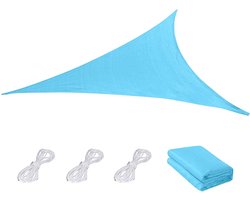 Driehoekige zonnescherm, gemaakt van polyethyleen met hoge dichtheid, blokkeert tot 90% van de uv-straling. Eendelig ontwerp, geschikt voor terrassen, tuinen en zwembaden. 4x4x5,7 meter, blauw.