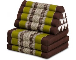 Driehoekskussen – Moon Kwan Kussen - Thais Kussen – Vloerkussen – Thais matras - 3 fold standaard met 10 rollen - Driehoekskussen Thai – Groen/Bruin