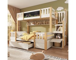 Driepersoons Stapelbed - 90x200 en 140x200 - Met Opbergtrap En Lades - Massief Hout - Wit en Naturel