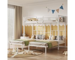 Driepersoonsbed, driepersoons stapelbed met ladder voor kinderen en tieners, ijzeren bed met valbeveiligingsrail en tafel, wit 90x200cm*3