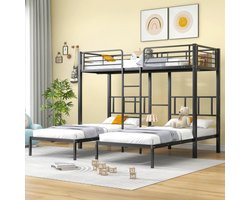 Driepersoonsbed, driepersoons stapelbed met ladder voor kinderen en tieners, ijzeren bed met valbeveiligingsrail en tafel, zwart 90x200cm*3