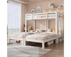 Driepersoonsbed, driepersoons stapelbed met zijladder voor kinderen en tieners, wit (90x200cm)