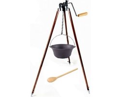 Driepoot set Standaard met GIETIJZEREN pan! Verstelbaar!!! Gietijzer pan, BBQ pan, Kampvuur pan, 8Liter Heksenketel.